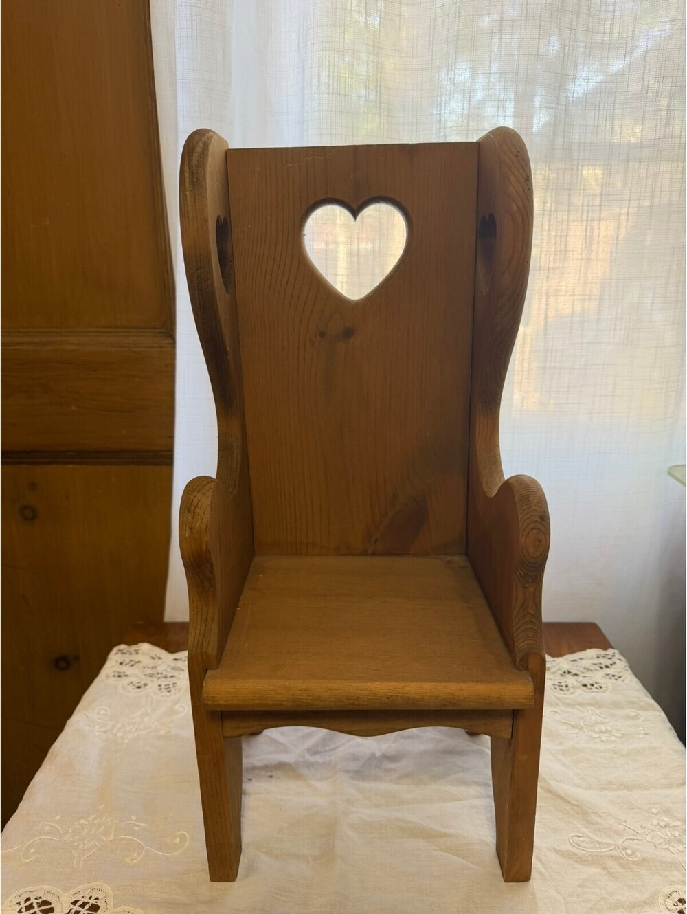 Vintage Handmade Heart Cut Out Wood Doll Chair